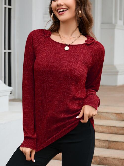 Texture Round Neck Long Sleeve Knit Top - Flyclothing LLC