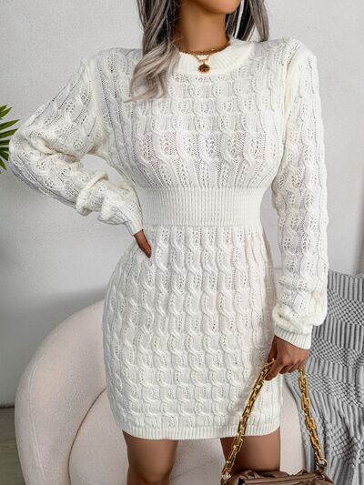 Cable-Knit Round Neck Mini Wrap Sweater Dress - Flyclothing LLC