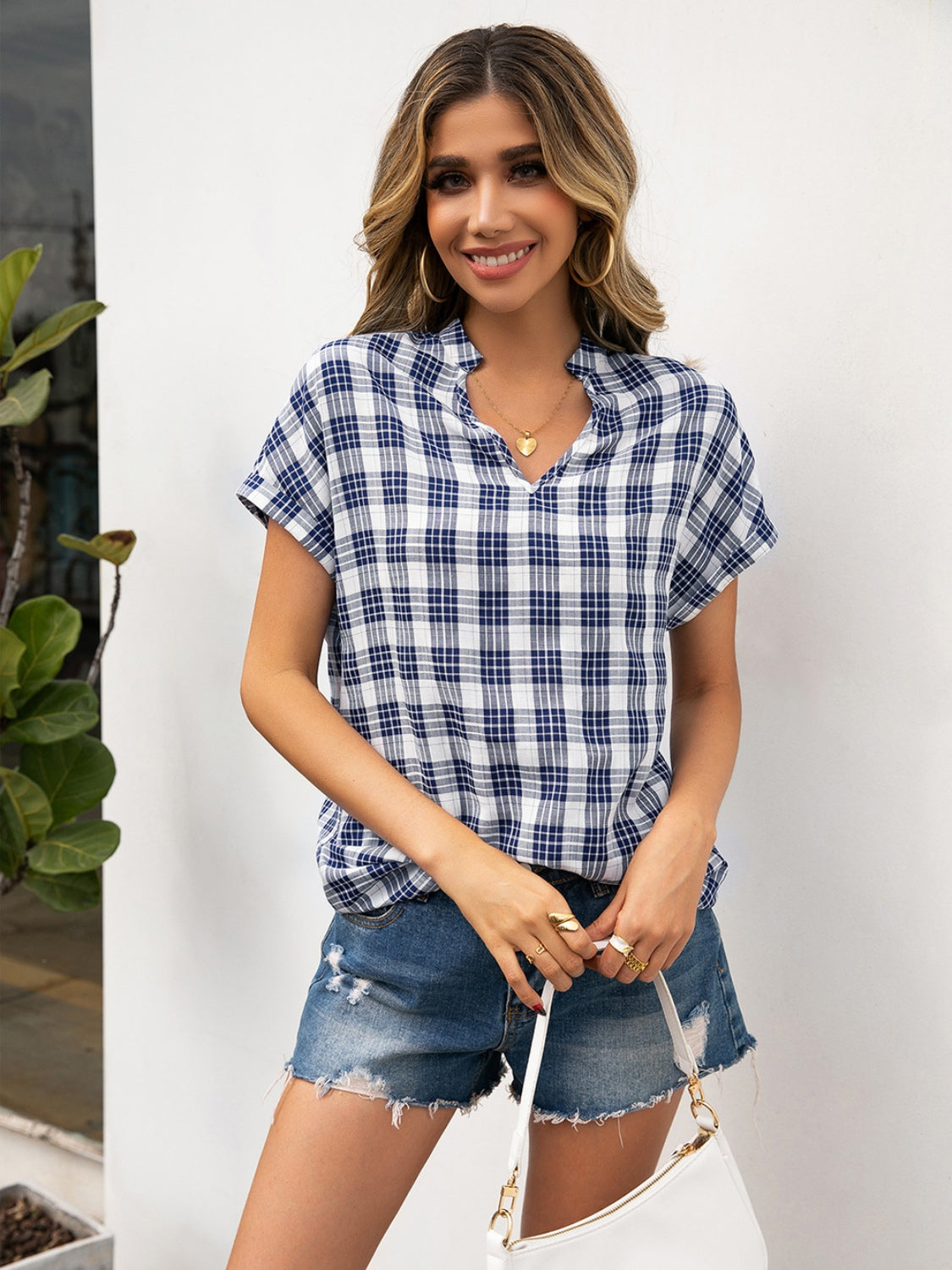 Plaid Notched Short Sleeve Blouse - Flyclothing LLC