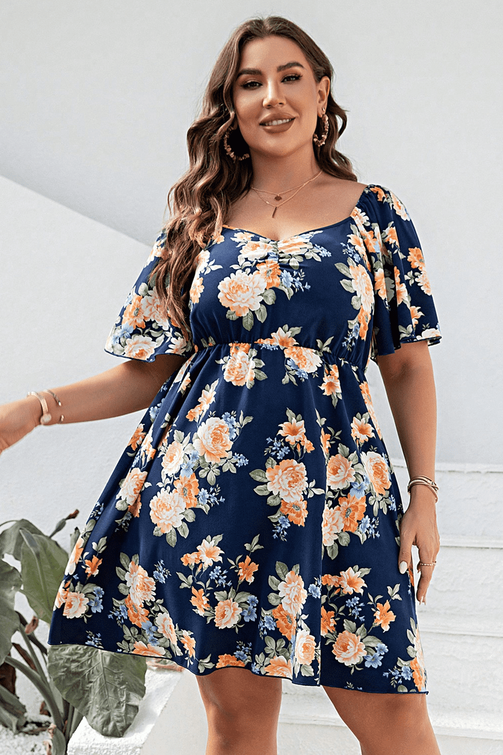 Plus Size Floral Print V-Neck Flutter Sleeve Mini Dress - Flyclothing LLC