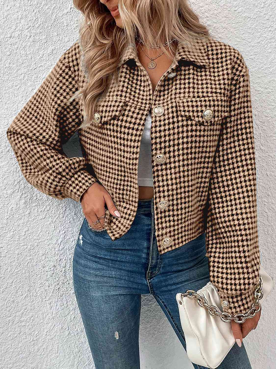 Houndstooth Collared Neck Button Up Jacket - Trendsi