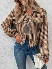 Houndstooth Collared Neck Button Up Jacket - Flyclothing LLC