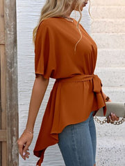 Tied Round Neck Half Sleeve Blouse - Flyclothing LLC