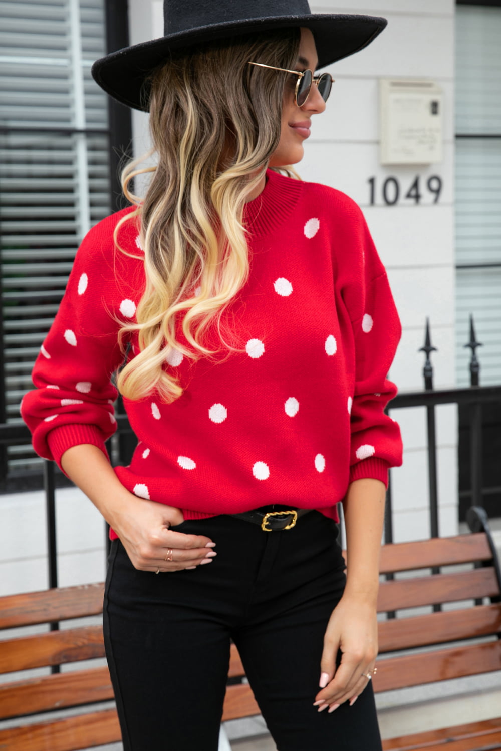 Polka Dot Round Neck Dropped Shoulder Sweater - Flyclothing LLC