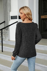 Ribbed Square Neck Long Sleeve T-Shirt - Flyclothing LLC