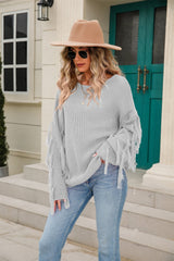 Ribbed Round Neck Fringe Detail Sweater - Flyclothing LLC