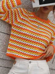 Striped Openwork Long-Sleeve Knit Pullover - Flyclothing LLC