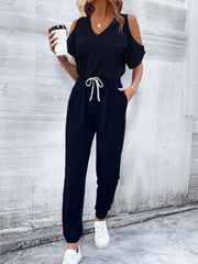 V-Neck Cold-Shoulder Jumpsuit with Pockets - Flyclothing LLC