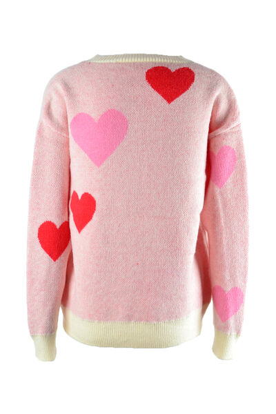 Heart Round Neck Droppped Shoulder Sweater - Flyclothing LLC