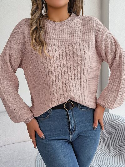 Cable-Knit Round Neck Long Sleeve Sweater - Flyclothing LLC