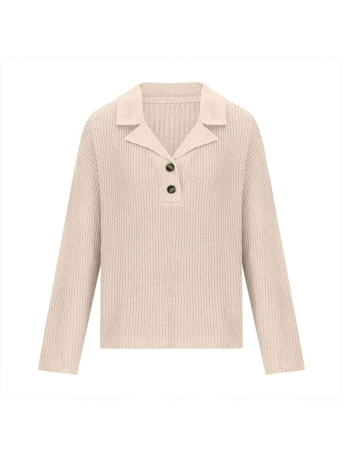 Collared Neck Half Button Knit Top - Trendsi