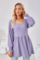 V-Neck Lantern Sleeve Blouse - Flyclothing LLC