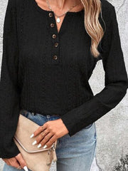 Openwork Half Button Long Sleeve Blouse - Flyclothing LLC