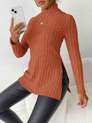 Ribbed Turtleneck Long Sleeve Slit T-Shirt - Flyclothing LLC