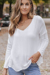 Openwork V-Neck Long Sleeve Knit Top - Flyclothing LLC