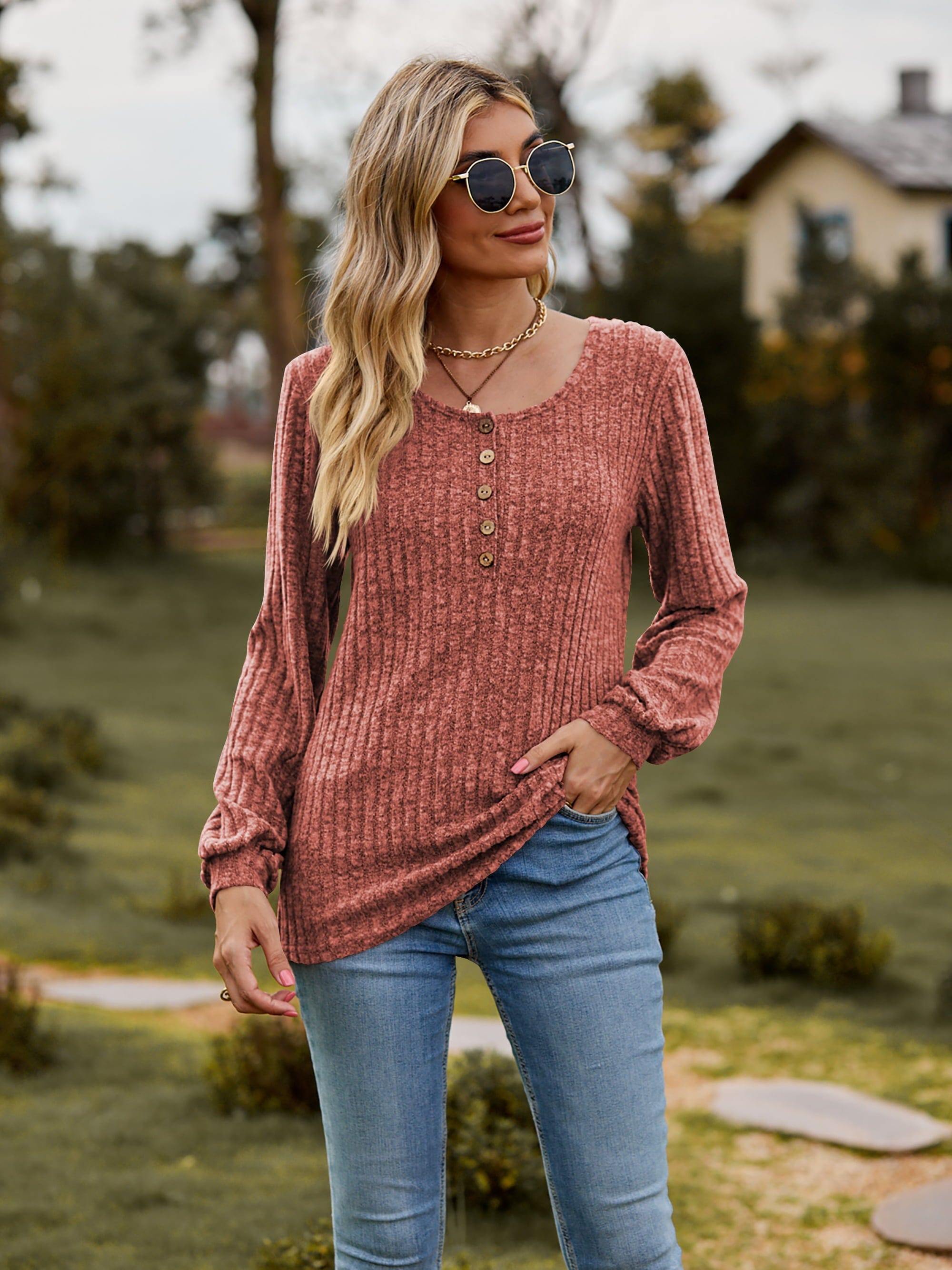 Round Neck Button-Down Long Sleeve Tee - Trendsi