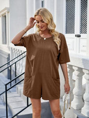 Backless Pocketed Round Neck Half Sleeve Romper - Trendsi