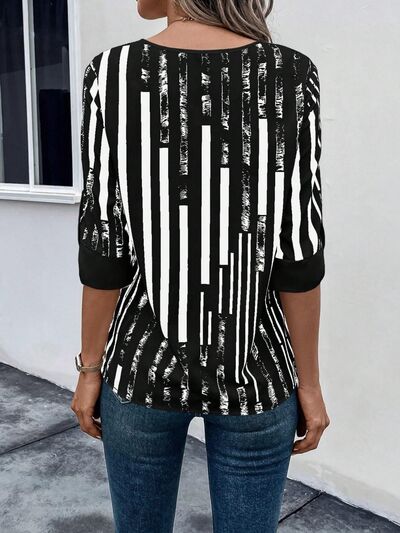 Striped Notched Half Sleeve Blouse - Flyclothing LLC