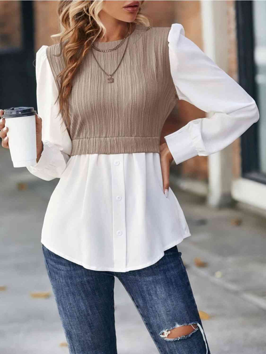 Contrast Round Neck Puff Sleeve Blouse - Flyclothing LLC