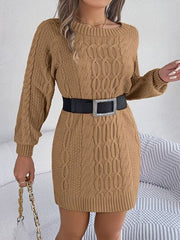 Cable-Knit Round Neck Sweater Dress - Flyclothing LLC