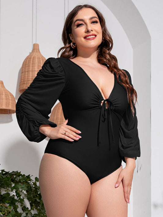 Plus Size Tied Deep V Balloon Sleeve One-Piece Swimsuit - Flyclothing LLC