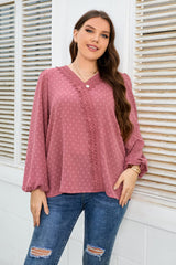 Plus Size Lace Trim V-Neck Balloon Sleeve Blouse - Flyclothing LLC