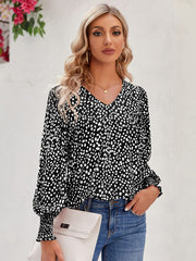 Printed V-Neck Lantern Sleeve Blouse - Flyclothing LLC