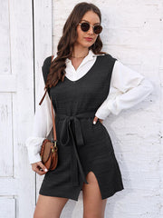 Tie Front V-Neck Sleeveless Slit Sweater Dress - Flyclothing LLC