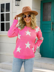 Star Round Neck Dropped Shoulder Sweater - Flyclothing LLC