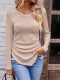 Textured Ruched V-Neck Long Sleeve T-Shirt - Trendsi