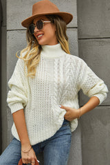 Cable-Knit Turtle Neck Long Sleeve Sweater - Trendsi