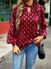 Mock Neck Cutout Lantern Sleeve Blouse - Flyclothing LLC