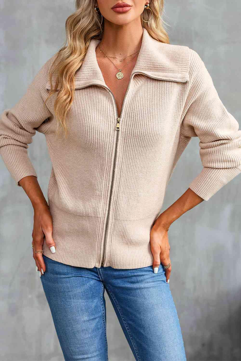 Zip-Up Collared Cardigan - Flyclothing LLC