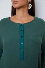 Half Button Up Round Neck Blouse - Flyclothing LLC