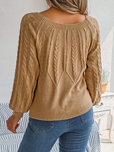 Cable-Knit Round Neck Long Sleeve Sweater - Flyclothing LLC