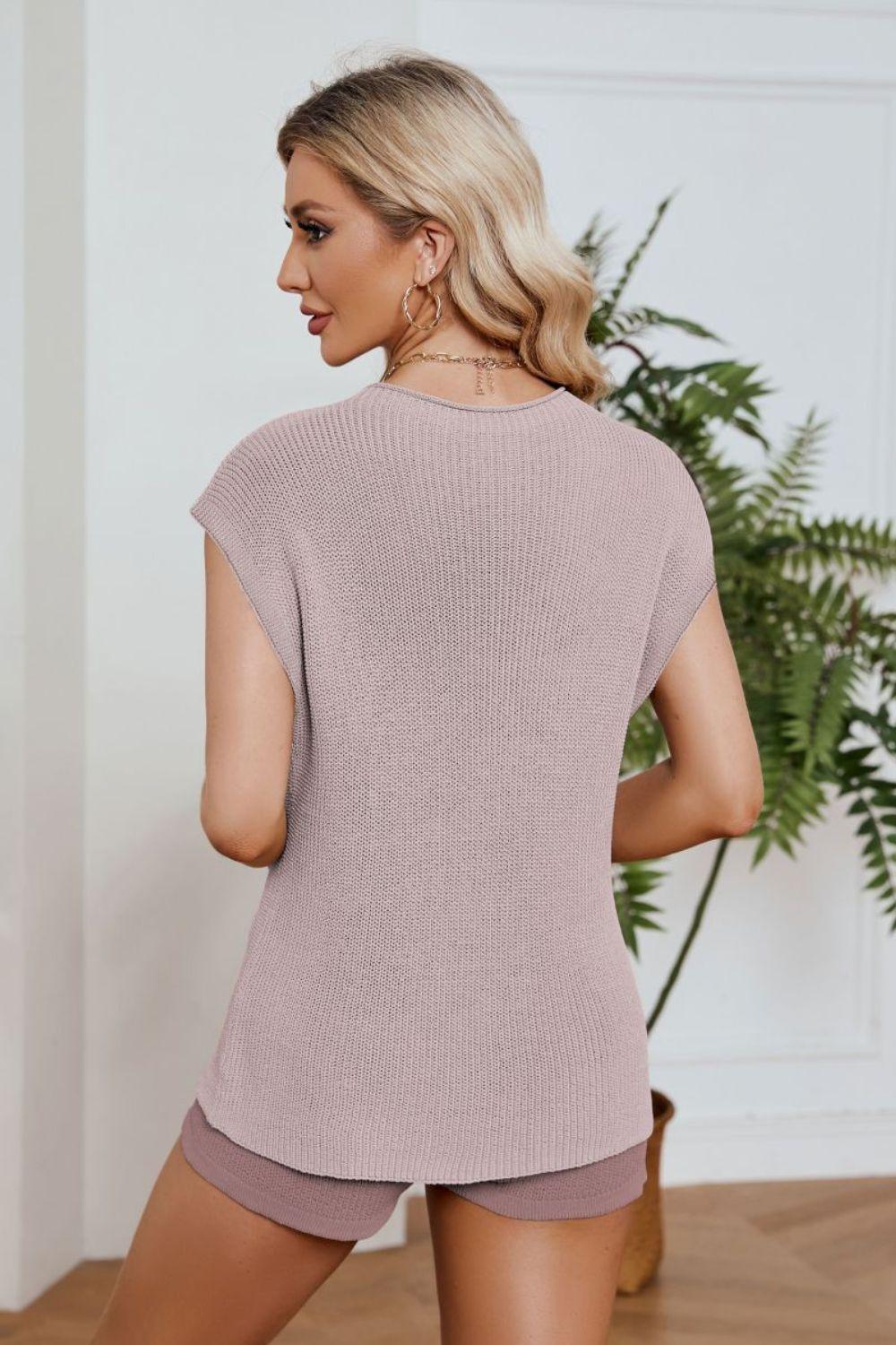 Ribbed Round Neck Pocket Knit Top and Shorts Set - Flyclothing LLC