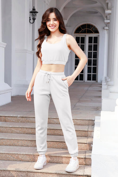 Waffle-Knit Cropped Tank and Drawstring Pants Set - Flyclothing LLC