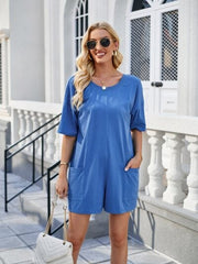 Backless Pocketed Round Neck Half Sleeve Romper - Trendsi