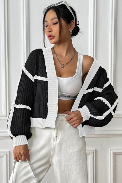 Contrast Open Front Long Sleeve Cardigan - Flyclothing LLC