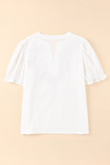 Embroidered Notched Neck Flounce Sleeve Top - Flyclothing LLC