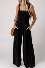 Smocked Square Neck Wide Leg Jumpsuit with Pockets - Flyclothing LLC