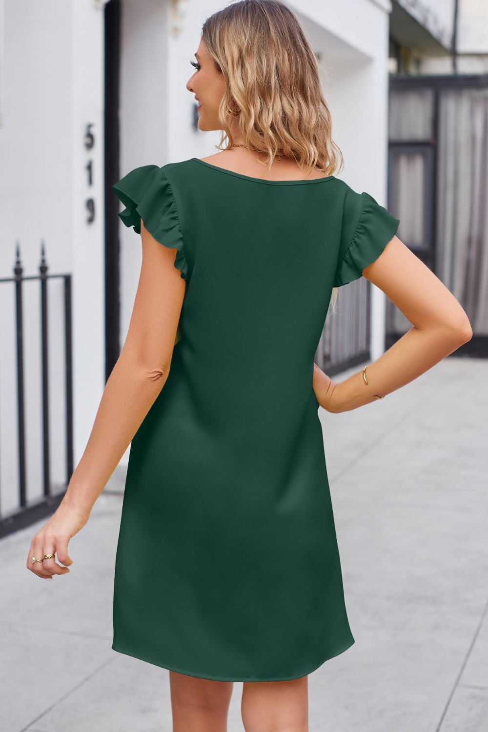 Ruffled V-Neck Flutter Sleeve Dress - Flyclothing LLC