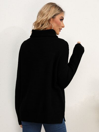 Slit Turtleneck Dropped Shoulder Sweater - Flyclothing LLC