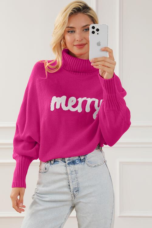 Merry Letter Embroidered High Neck Sweater - Flyclothing LLC