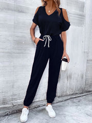 V-Neck Cold-Shoulder Jumpsuit with Pockets - Flyclothing LLC