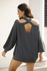 Ribbed Long Sleeve Cold Shoulder Knit Top - Flyclothing LLC