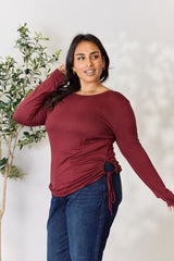 Culture Code Full Size Drawstring Round Neck Long Sleeve Top - Flyclothing LLC