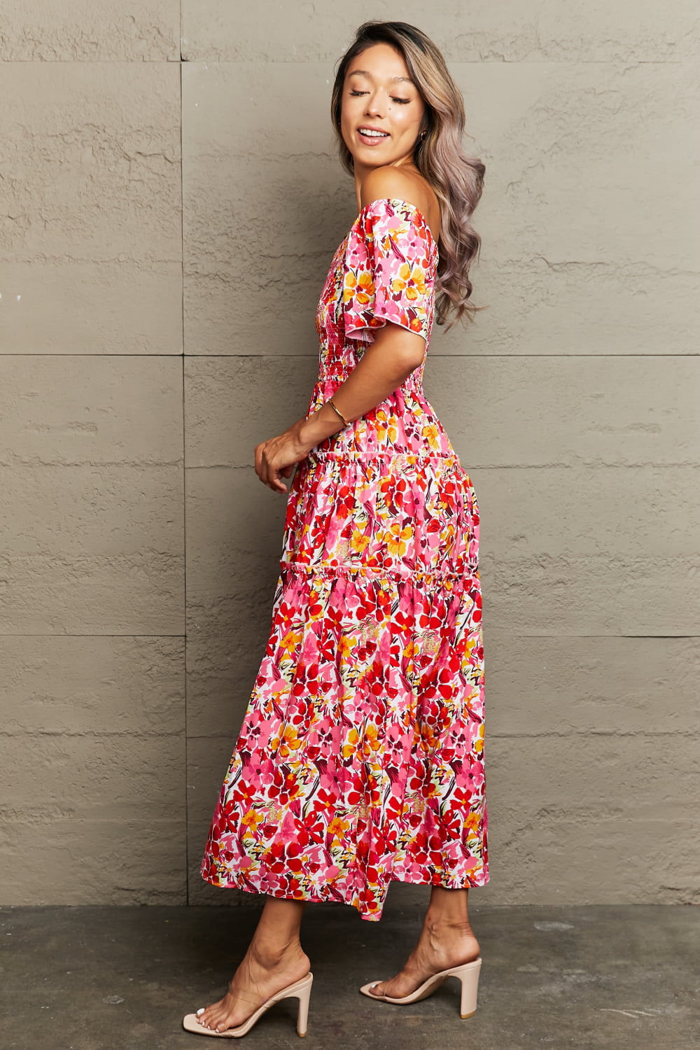 Floral Off-Shoulder Frill Trim Maxi Dress - Flyclothing LLC