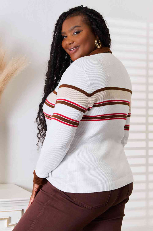 Basic Bae Striped Collared Neck Rib-Knit Top - Flyclothing LLC