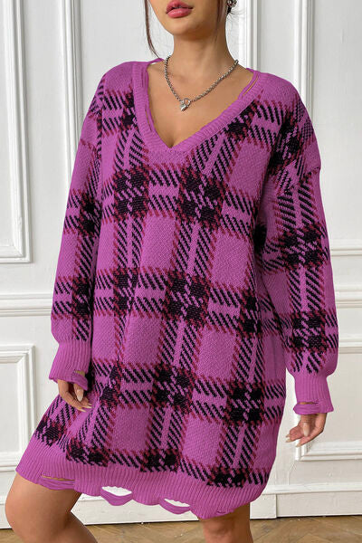 Plaid V-Neck Long Sleeve Sweater Dress - Flyclothing LLC